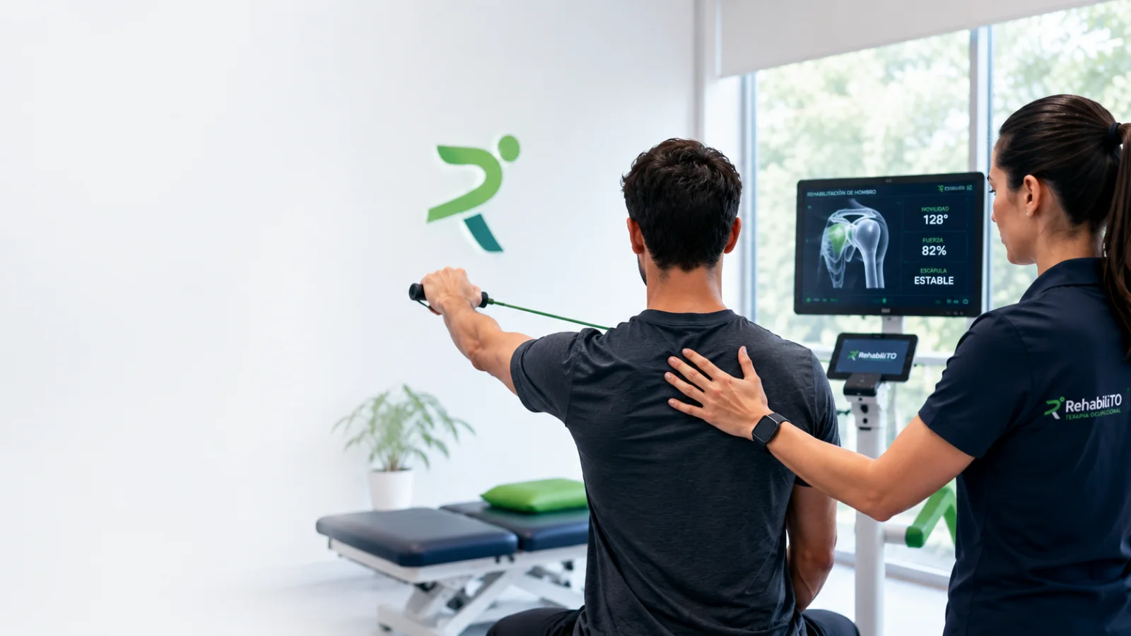 Fisioterapeuta guiando a paciente en ejercicio de rehabilitación de hombro con banda elástica en RehabiliTO, Roma Sur CDMX